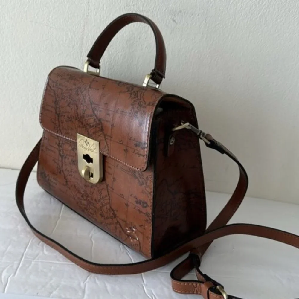 Patricia Nash Chauny Riot Rust Map Print Leather Crossbody Handbag Top Handle e